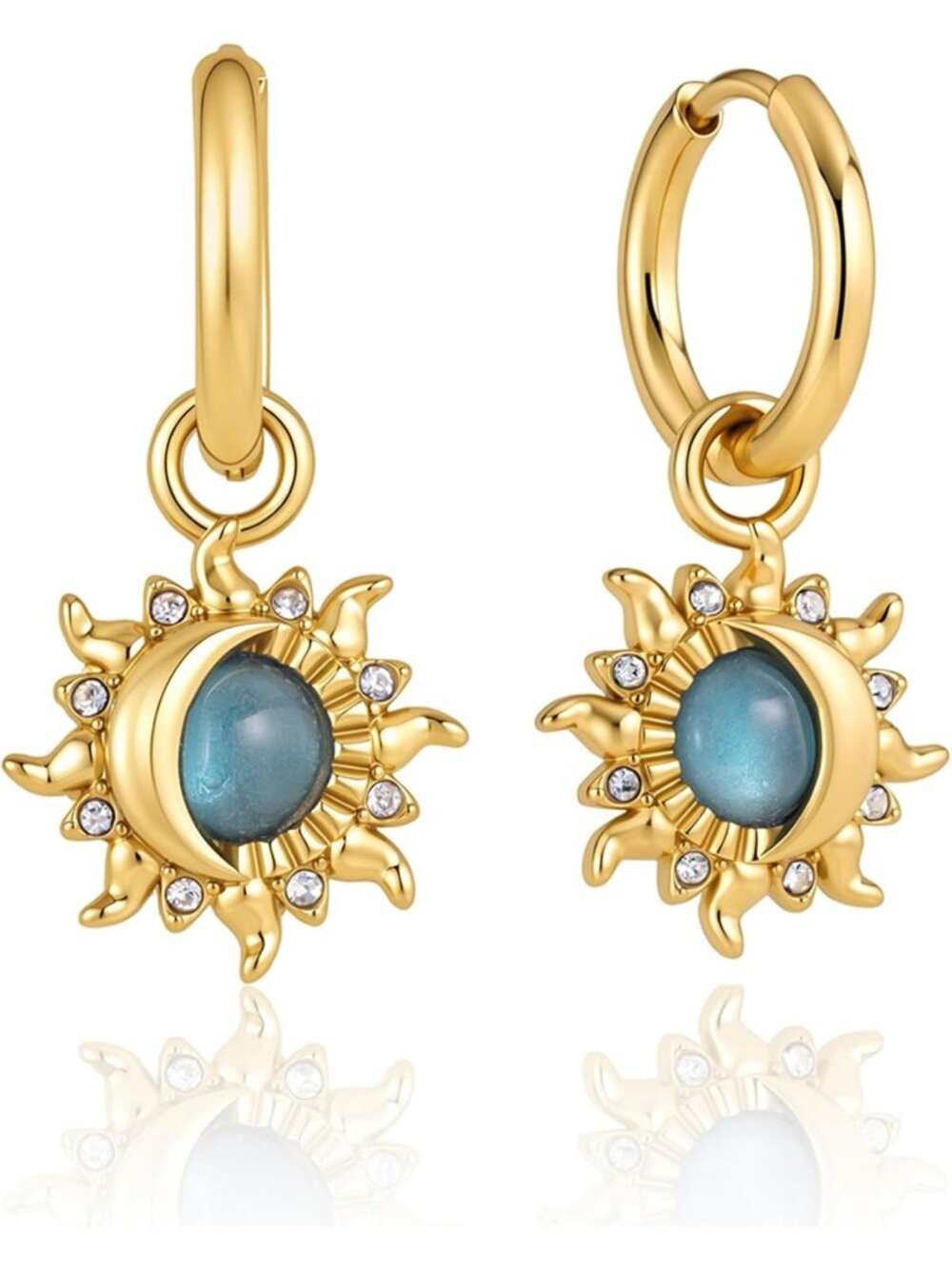 18K Gold Stainless Steel Sun & Moon Dangle Earrings for Women - Boho Chic